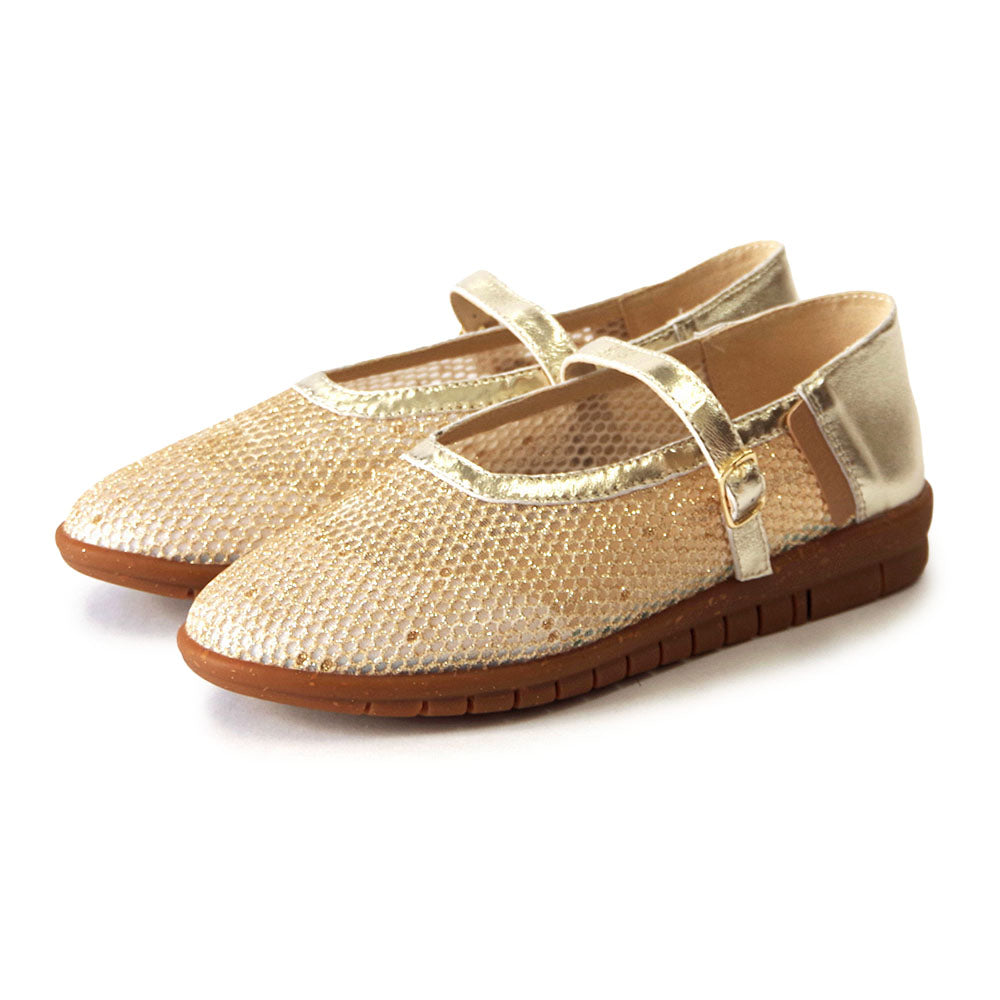 メッシュメリージェーンフラットシューズ【25M01】GOLD