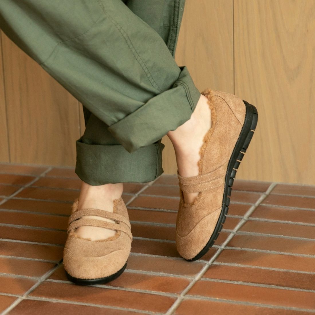 ダブルストラップボアバレエシューズ【26M07】GREY BEIGE